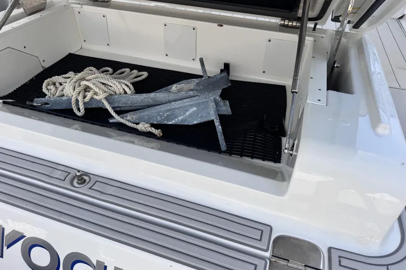 Viroque Yacht Photos Pics Open storage compartment on 2021 Monterey 378 Super Express with anchor and rope.