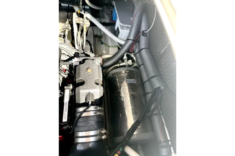  Yacht Photos Pics Engine compartment of 2012 Cranchi Endurance 30 with visible components and wiring.