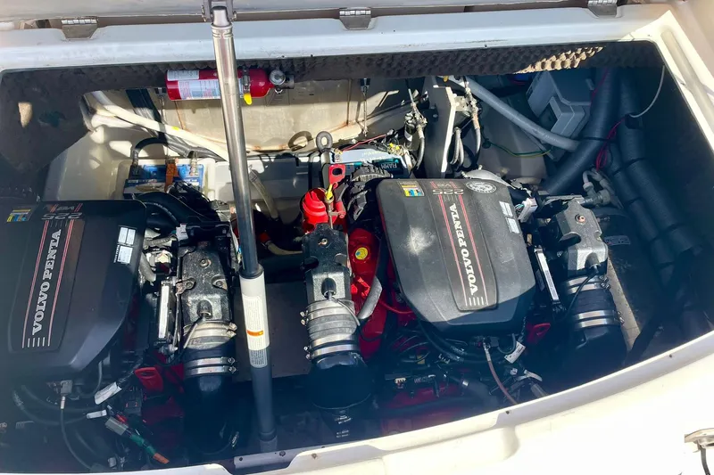  Yacht Photos Pics Engine compartment of a 2012 Cranchi Endurance 30 with Volvo Penta engines.