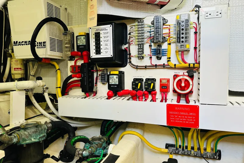 Encore Yacht Photos Pics Electrical panel in 2017 Sabre 42 Salon Express engine room with wiring and controls.