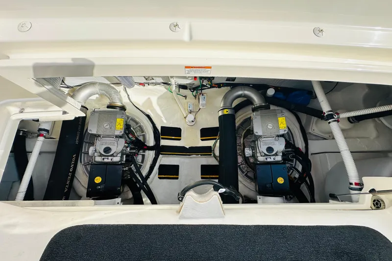 Encore Yacht Photos Pics Engine room of 2017 Sabre 42 Salon Express with dual Volvo Penta engines.