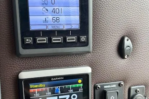 Mystic Yacht Photos Pics Dashboard of 2014 Ranger Tugs R-31 with Garmin navigation and control panels.