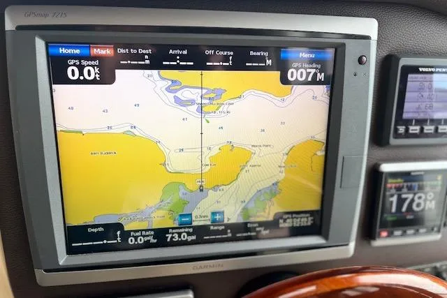 Mystic Yacht Photos Pics GPS navigation screen on 2014 Ranger Tugs R-31 boat, displaying nautical chart and data.