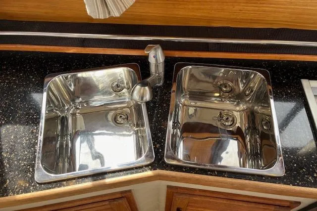 Mystic Yacht Photos Pics Stainless steel double sink in 2014 Ranger Tugs R-31 boat kitchen.