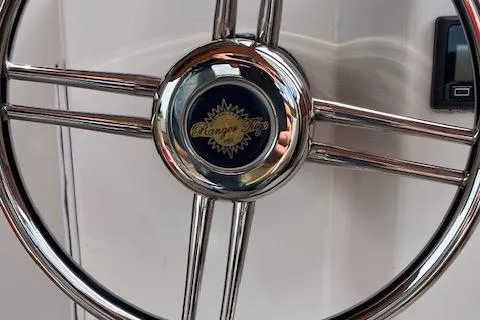 Mystic Yacht Photos Pics Close-up of 2014 Ranger Tugs R-31 chrome steering wheel.