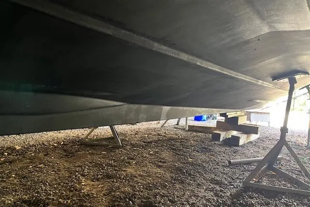 Mystic Yacht Photos Pics 2014 Ranger Tugs R-31 boat hull on stands, viewed from underneath.