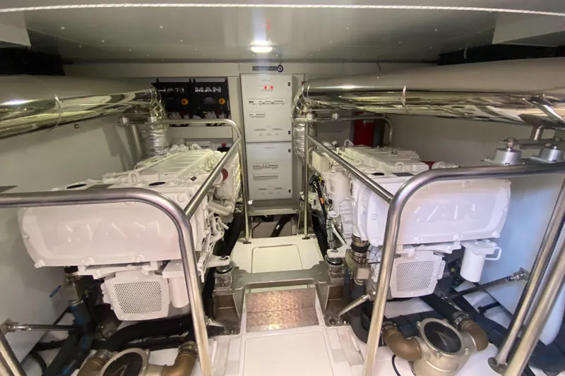  Yacht Photos Pics Engine room of 2025 Azimut Magellano 66 yacht, featuring dual MAN engines.