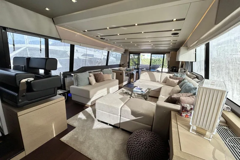  Yacht Photos Pics Luxurious interior of a 2017 Prestige 680 yacht with elegant seating and modern decor.