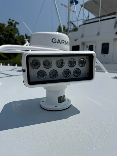 Outcast Yacht Photos Pics LED light fixture on a Mabry 40 boat, 2004 model, with Garmin equipment.
