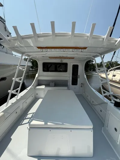 Outcast Yacht Photos Pics 2004 Mabry 40 boat interior with spacious deck and seating area.