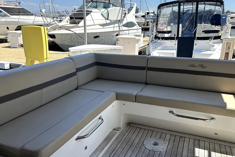 Baby Pie Yacht Photos Pics 2016 Sea Ray 470 Sundancer yacht interior with sleek seating at marina.
