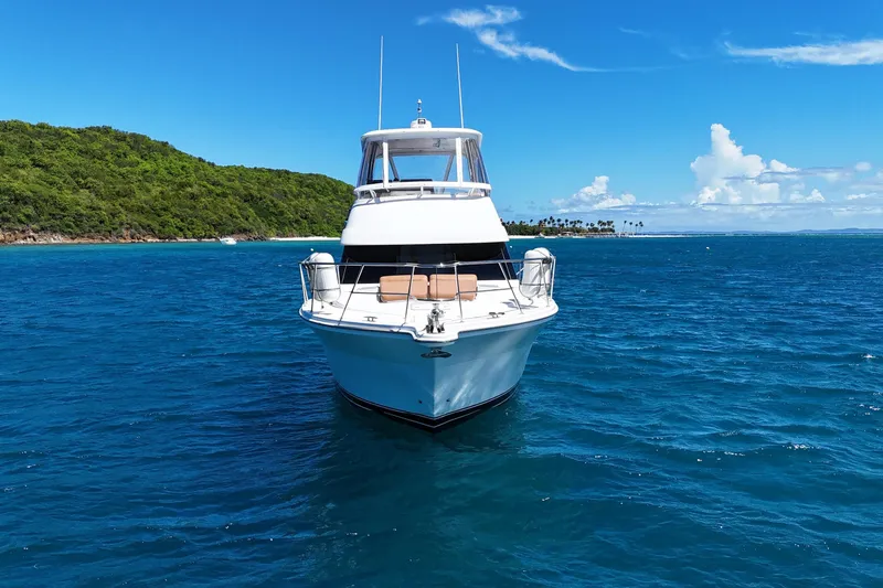  Yacht Photos Pics 2012 Riviera 43 Flybridge yacht on blue ocean near lush green island.