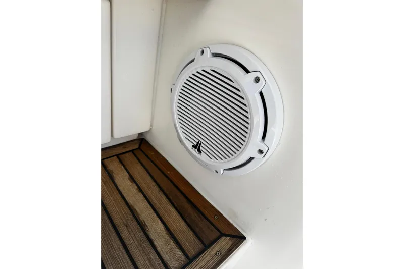  Yacht Photos Pics White speaker on 2012 Riviera 43 Flybridge boat with wooden deck.