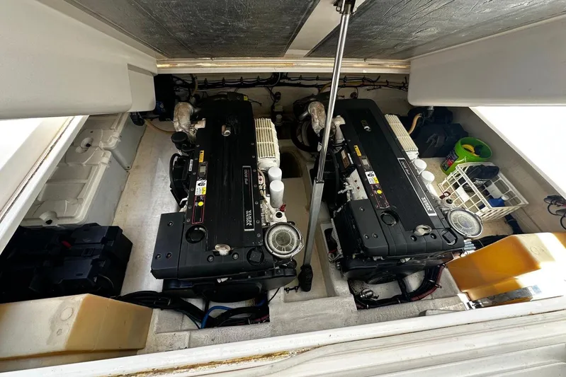  Yacht Photos Pics Engine room of 2012 Riviera 43 Flybridge with twin diesel engines.