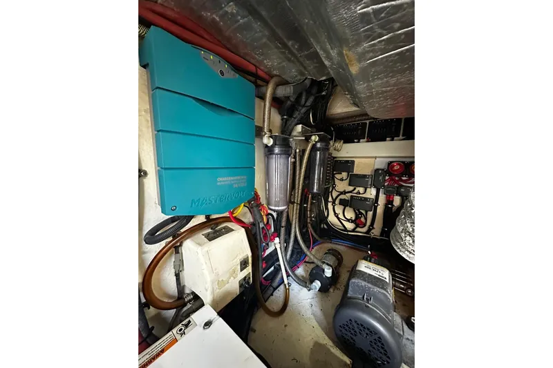  Yacht Photos Pics Engine room of 2012 Riviera 43 Flybridge with electrical components and wiring.