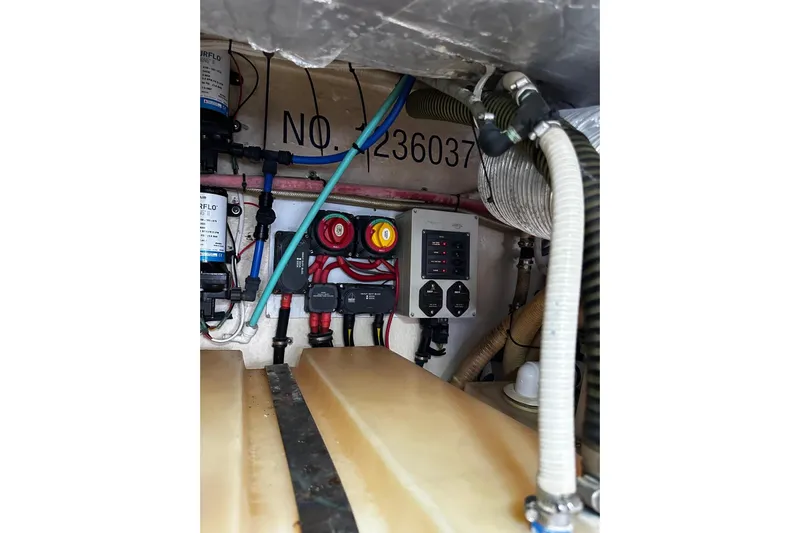  Yacht Photos Pics Engine room of 2012 Riviera 43 Flybridge with wiring and control panel.