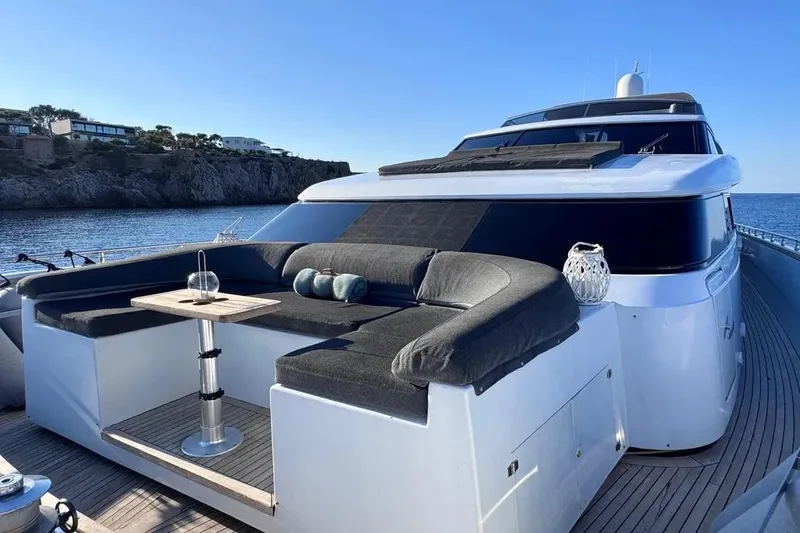  Yacht Photos Pics Luxurious Sanlorenzo SL88 yacht deck with elegant seating, ocean view, and modern design.