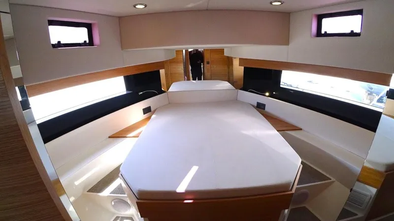  Yacht Photos Pics Luxurious interior of 2024 De Antonio Yachts D50, featuring a spacious, modern bedroom design.