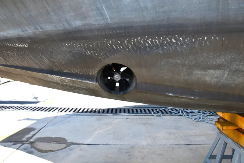  Yacht Photos Pics 2024 De Antonio Yachts D50 hull with visible thruster, dockside view.