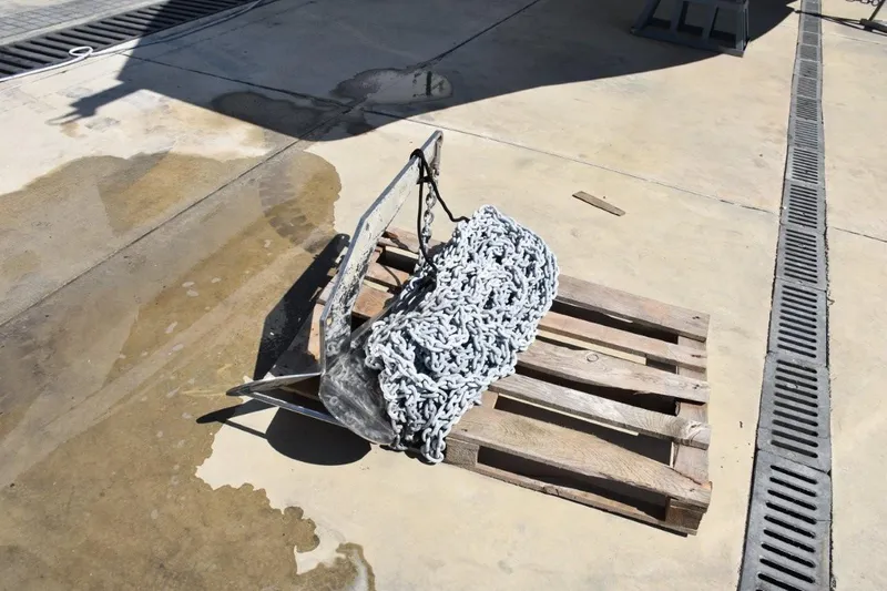 Yacht Photos Pics Anchor and chain on wooden pallet, De Antonio Yachts D50, 2024 model.