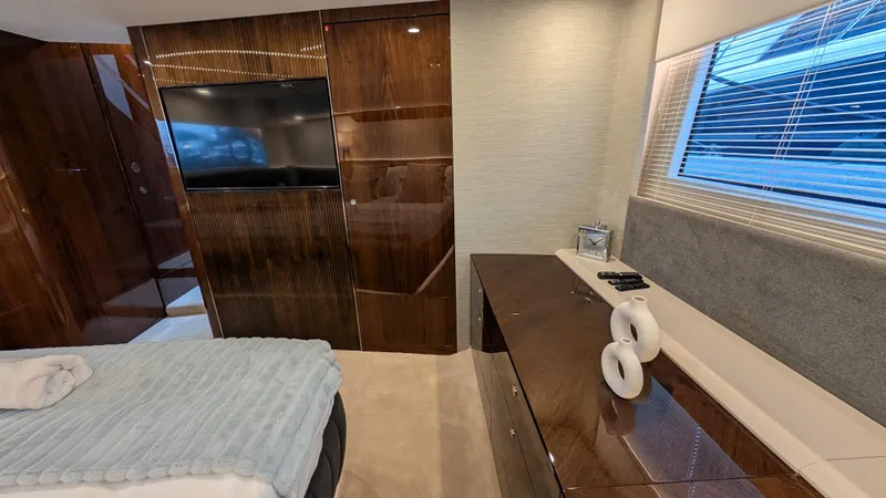 New 2025 Model Yacht Photos Pics Luxurious interior of 2025 Fairline Squadron 58 yacht with modern furnishings and elegant design.