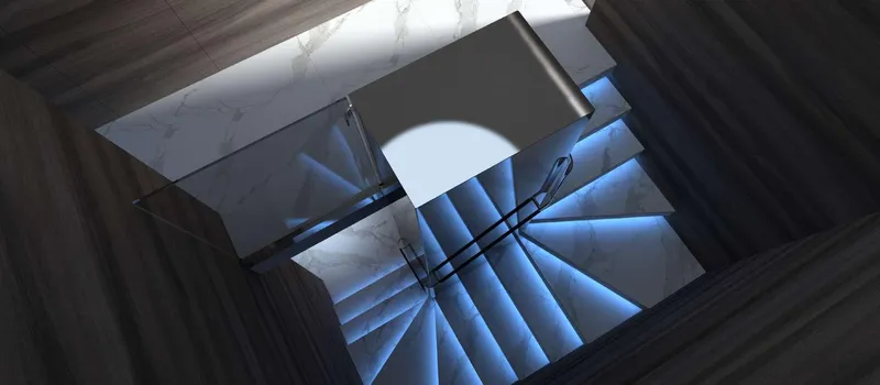  Yacht Photos Pics Modern staircase with blue LED lighting, featuring sleek glass railings and marble accents.