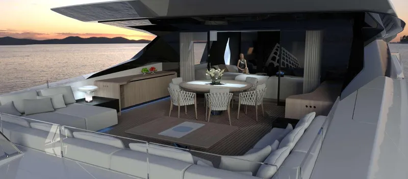  Yacht Photos Pics Luxurious TUREDDI ULTRA 40 yacht deck with elegant seating and dining area at sunset, 2026 model.