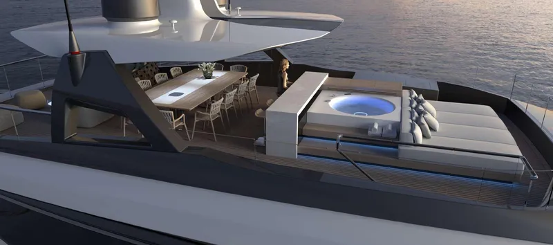  Yacht Photos Pics Luxurious yacht deck with dining area and jacuzzi, TUREDDI ULTRA 40, 2026 model.