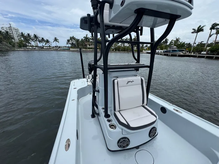  Yacht Photos Pics 2019 Yellowfin 24 Bay CE boat on calm water, featuring sleek design and comfortable seating.