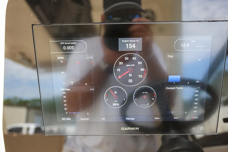  Yacht Photos Pics 2022 Scout 277 Dorado Garmin display showing engine metrics and GPS speed.