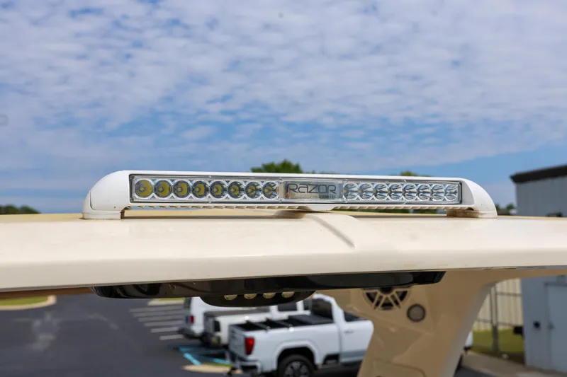 Yacht Photos Pics LED light bar on 2022 Scout 277 Dorado boat under a partly cloudy sky.