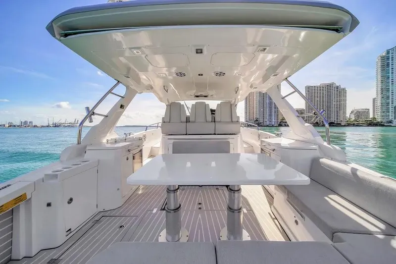  Yacht Photos Pics Azimut Verve 40 yacht interior, 2020 model, featuring sleek design and waterfront cityscape.