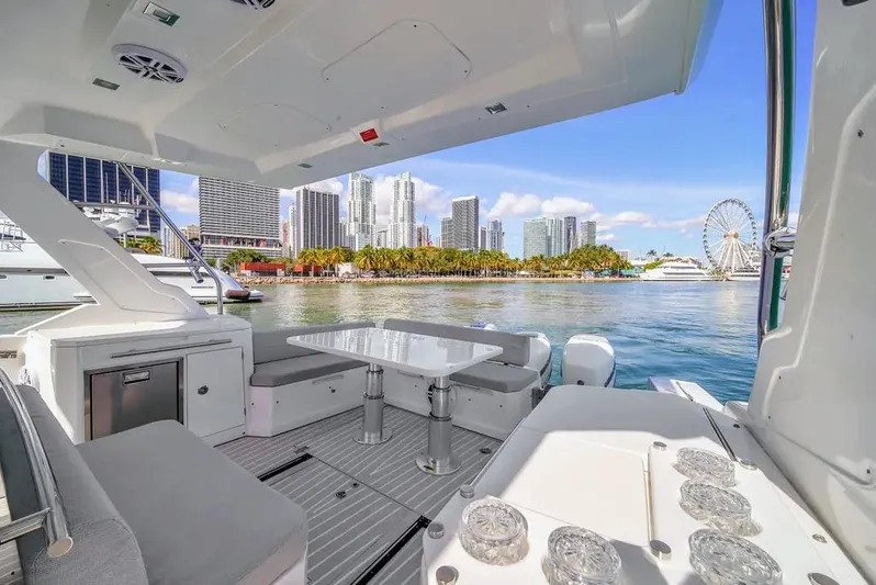  Yacht Photos Pics Azimut Verve 40 yacht interior with city skyline and Ferris wheel view, 2020 model.