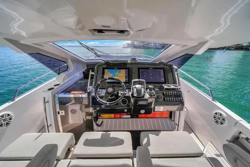  Yacht Photos Pics Cockpit view of 2020 Azimut Verve 40 yacht with advanced navigation systems.