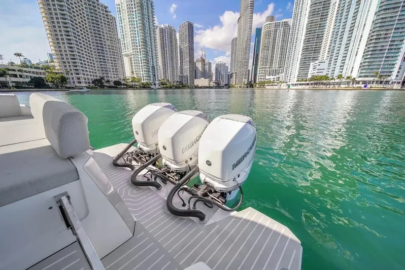  Yacht Photos Pics Azimut Verve 40 yacht with triple engines, city skyline in background, 2020 model.