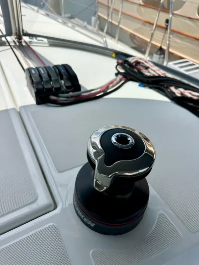 Kemosabe Yacht Photos Pics Winch and ropes on Jeanneau Sun Odyssey 440 sailboat deck, 2021 model.