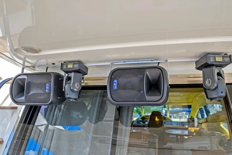 La Dolce Vita 2 Yacht Photos Pics Speakers and cameras on a 2010 Azimut 62 Evolution yacht's deck.