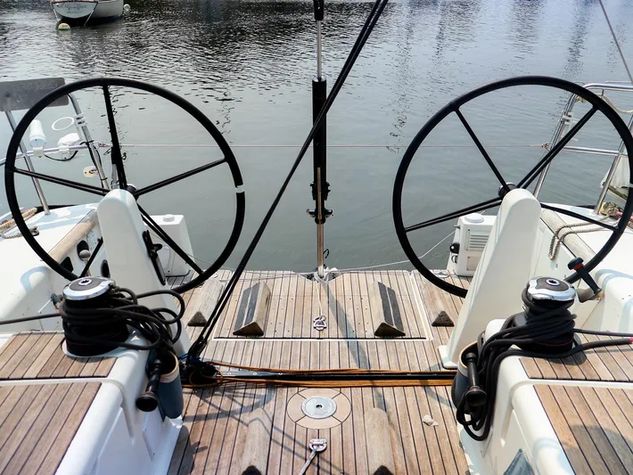  Yacht Photos Pics Dufour 40E Performance 2011 sailboat cockpit with dual steering wheels and teak decking.