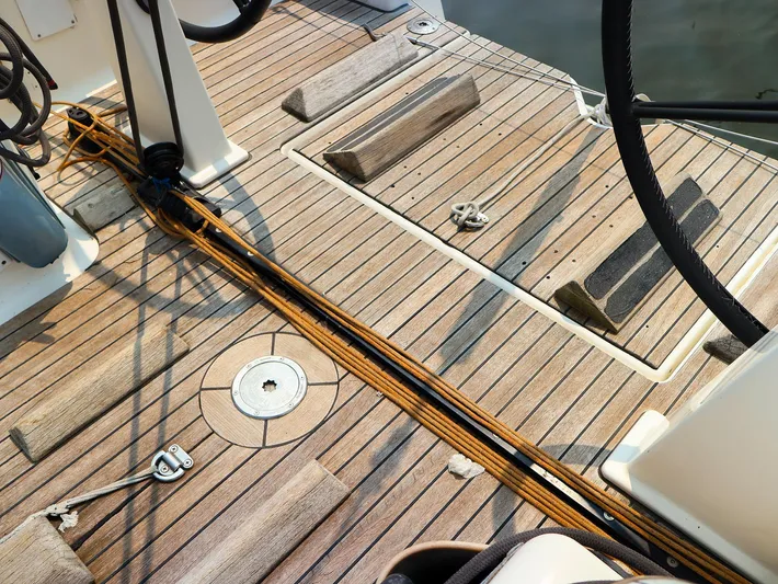  Yacht Photos Pics Teak deck of 2011 Dufour 40E Performance sailboat with ropes and fittings.