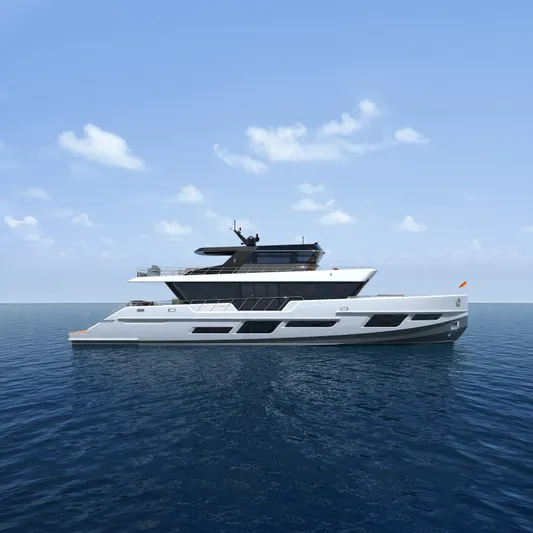  Yacht Photos Pics 2022 CL Yachts CLX96 luxury yacht on calm ocean under clear sky.