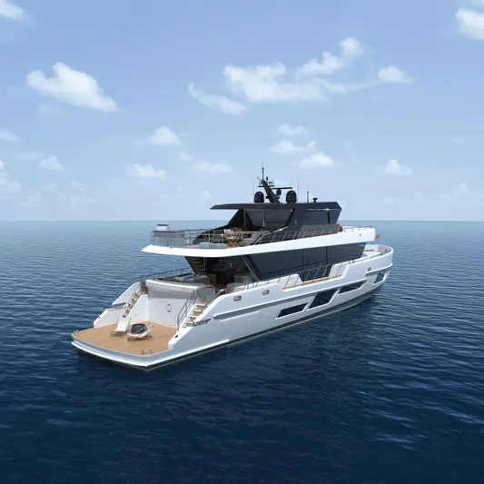  Yacht Photos Pics 2022 CL Yachts CLX96 luxury yacht cruising on open sea.