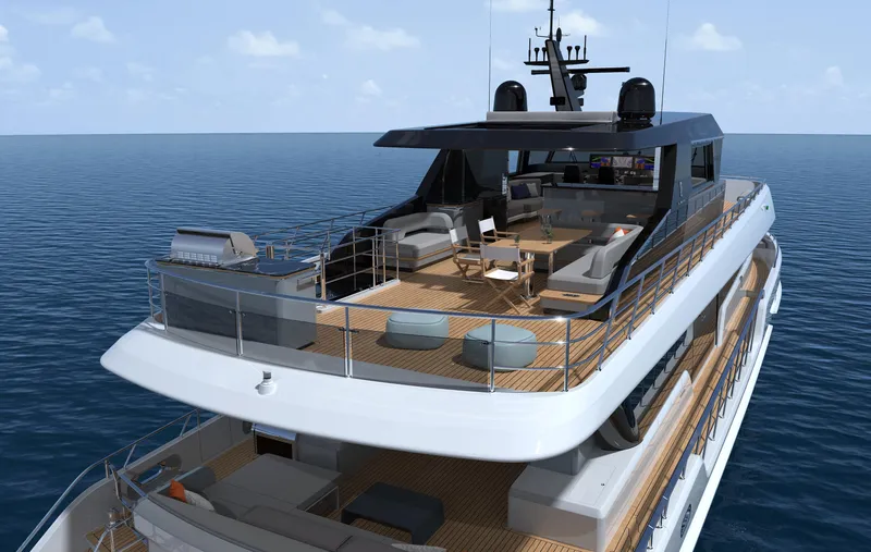  Yacht Photos Pics Luxurious 2022 CL Yachts CLX96 yacht with spacious deck and modern design on open sea.