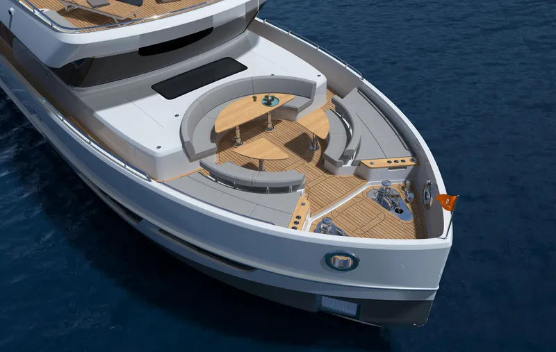  Yacht Photos Pics Luxury yacht CL Yachts CLX96, 2022 model, with elegant deck design on blue water.