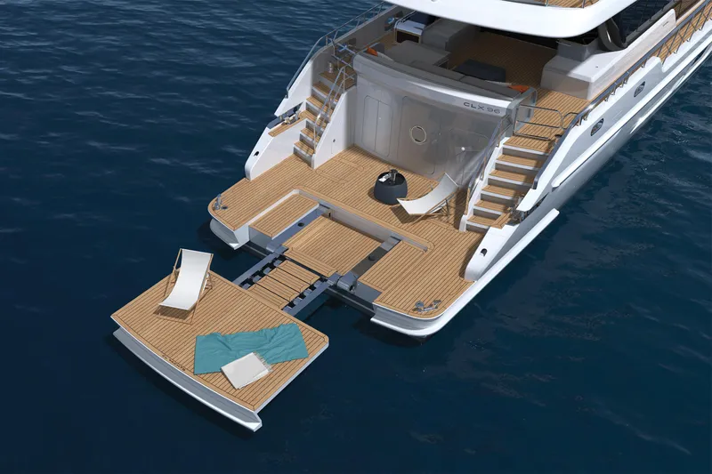  Yacht Photos Pics Luxurious 2022 CL Yachts CLX96 with spacious deck and elegant design on the water.