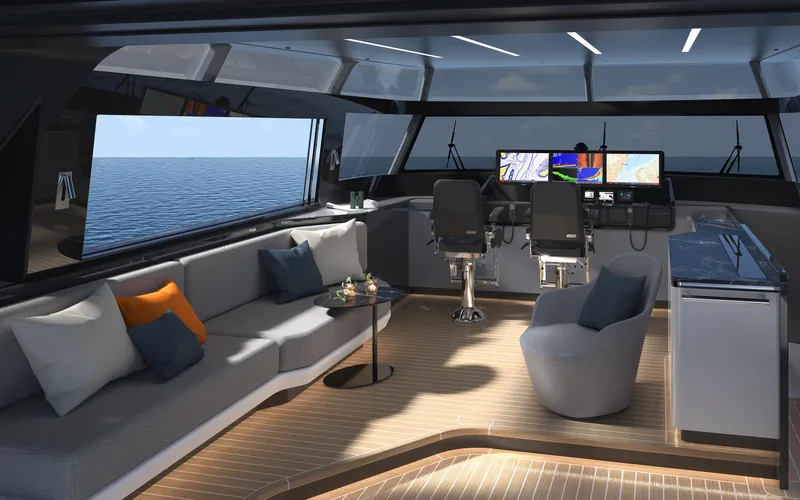  Yacht Photos Pics Luxurious interior of 2022 CL Yachts CLX96 with modern seating and navigation area.