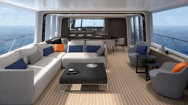  Yacht Photos Pics Luxurious interior of 2022 CL Yachts CLX96 with modern seating and ocean view.