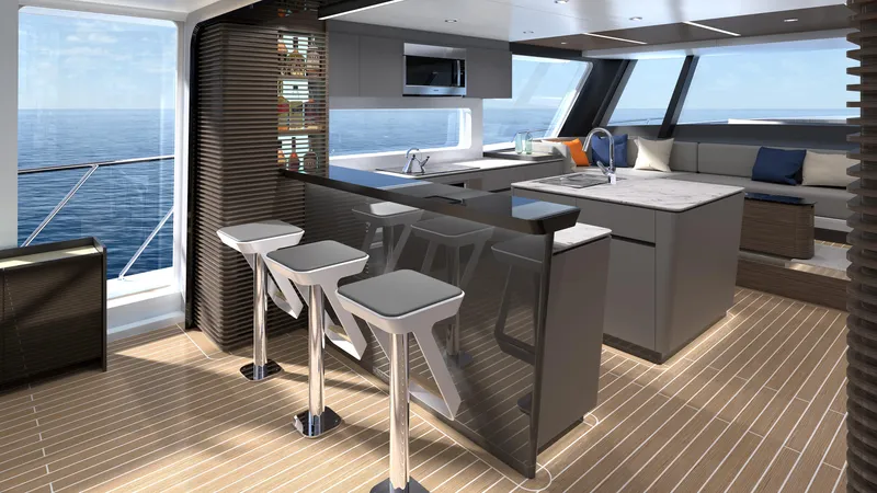  Yacht Photos Pics Luxurious interior of 2022 CL Yachts CLX96 with modern kitchen and ocean view.