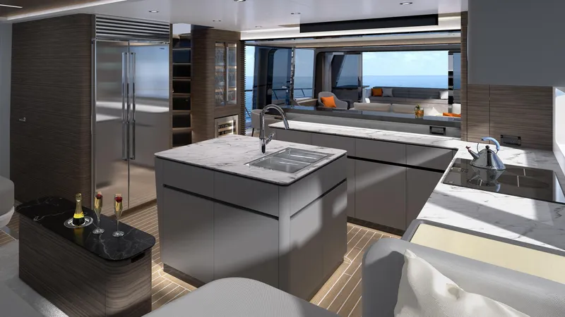  Yacht Photos Pics Luxurious kitchen interior of 2022 CL Yachts CLX96 with modern design and ocean view.
