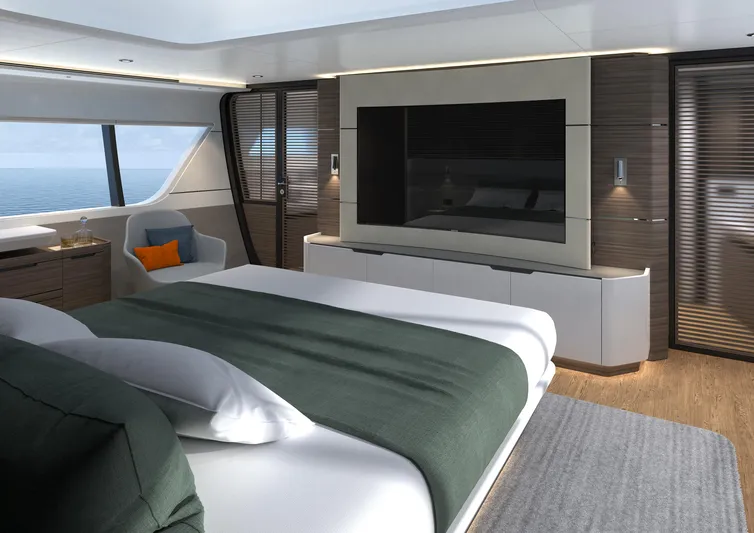  Yacht Photos Pics Luxurious bedroom interior of 2022 CL Yachts CLX96 with ocean view and modern design.