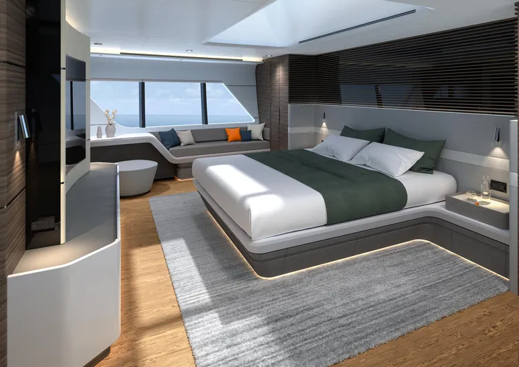  Yacht Photos Pics Luxurious bedroom interior of 2022 CL Yachts CLX96 with modern design and ocean view.